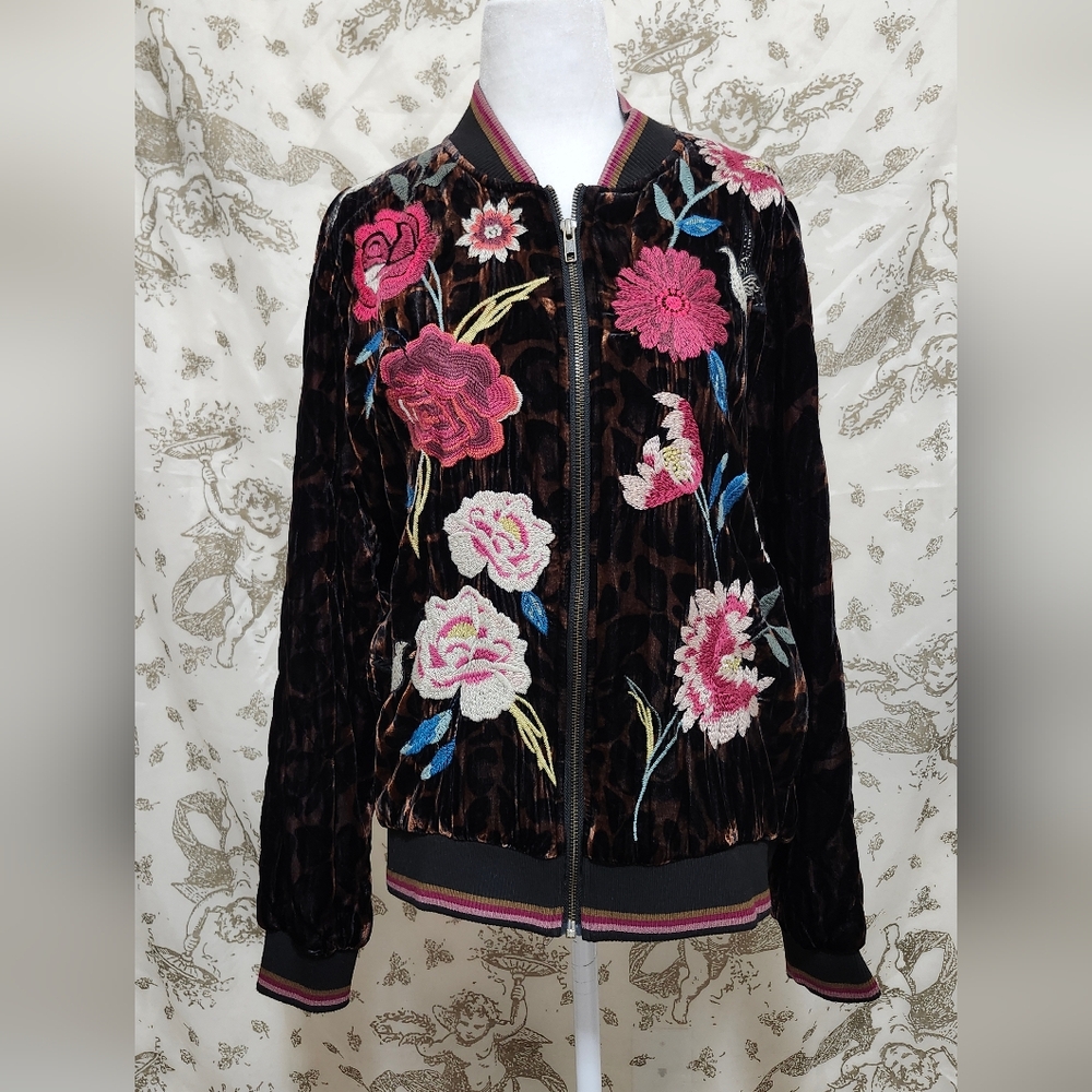 Johnny Was Juna Velvet Quilted Floral Cheetah Bomber Jacket size M